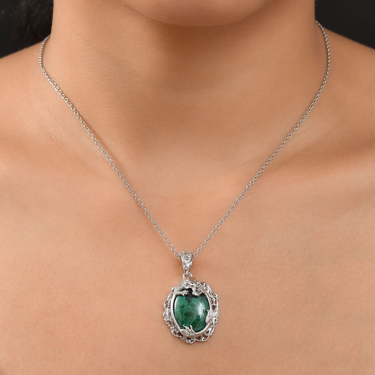 Ever True Chrysocolla and White Zircon 19.25 ctw Dragon's Embrace Pendant in Platinum Bond with Stainless Steel Necklace 20 Inches image number 2