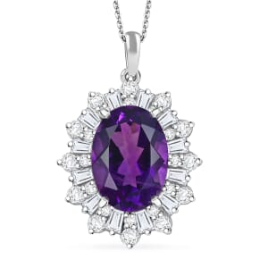 D’Joy Lusaka Amethyst and Moissanite 7.50 ctw Pendant Necklace 20 Inches in Rhodium Over Sterling Silver