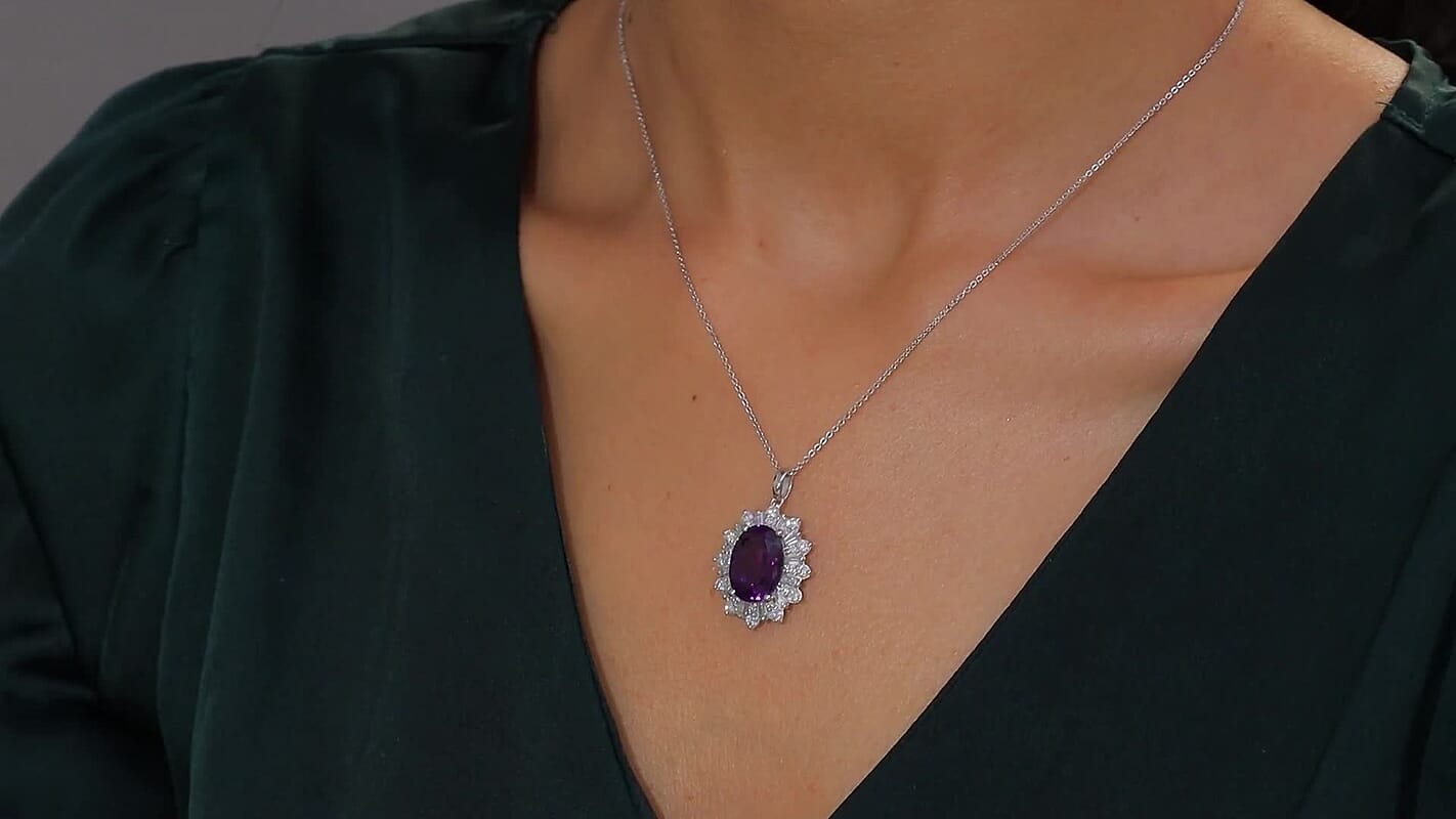 D'Joy Lusaka Amethyst and Moissanite 7.50 ctw Crown Solstice Pendant Necklace 20 Inches in Rhodium Over Sterling Silver