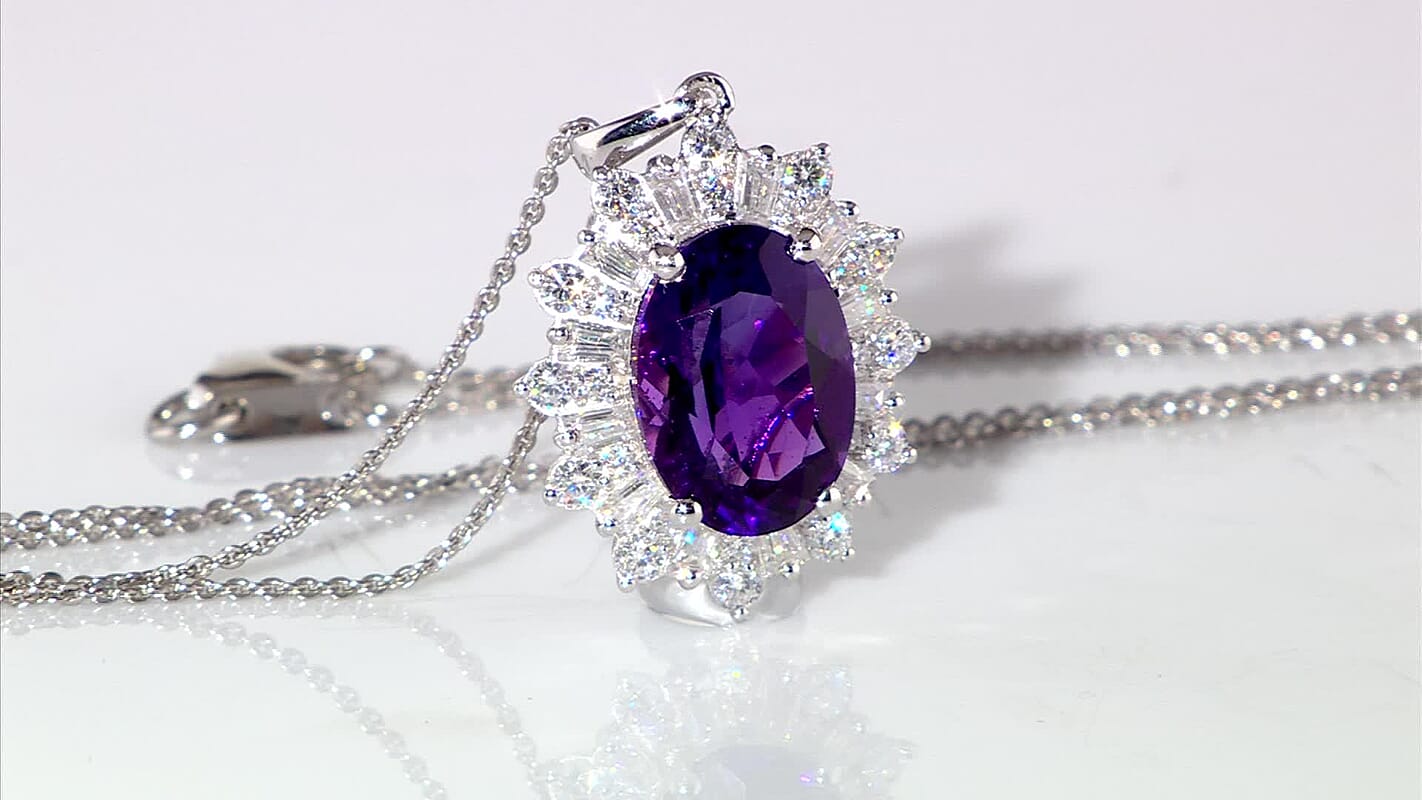 D'Joy Lusaka Amethyst and Moissanite 7.50 ctw Crown Solstice Pendant Necklace 20 Inches in Rhodium Over Sterling Silver