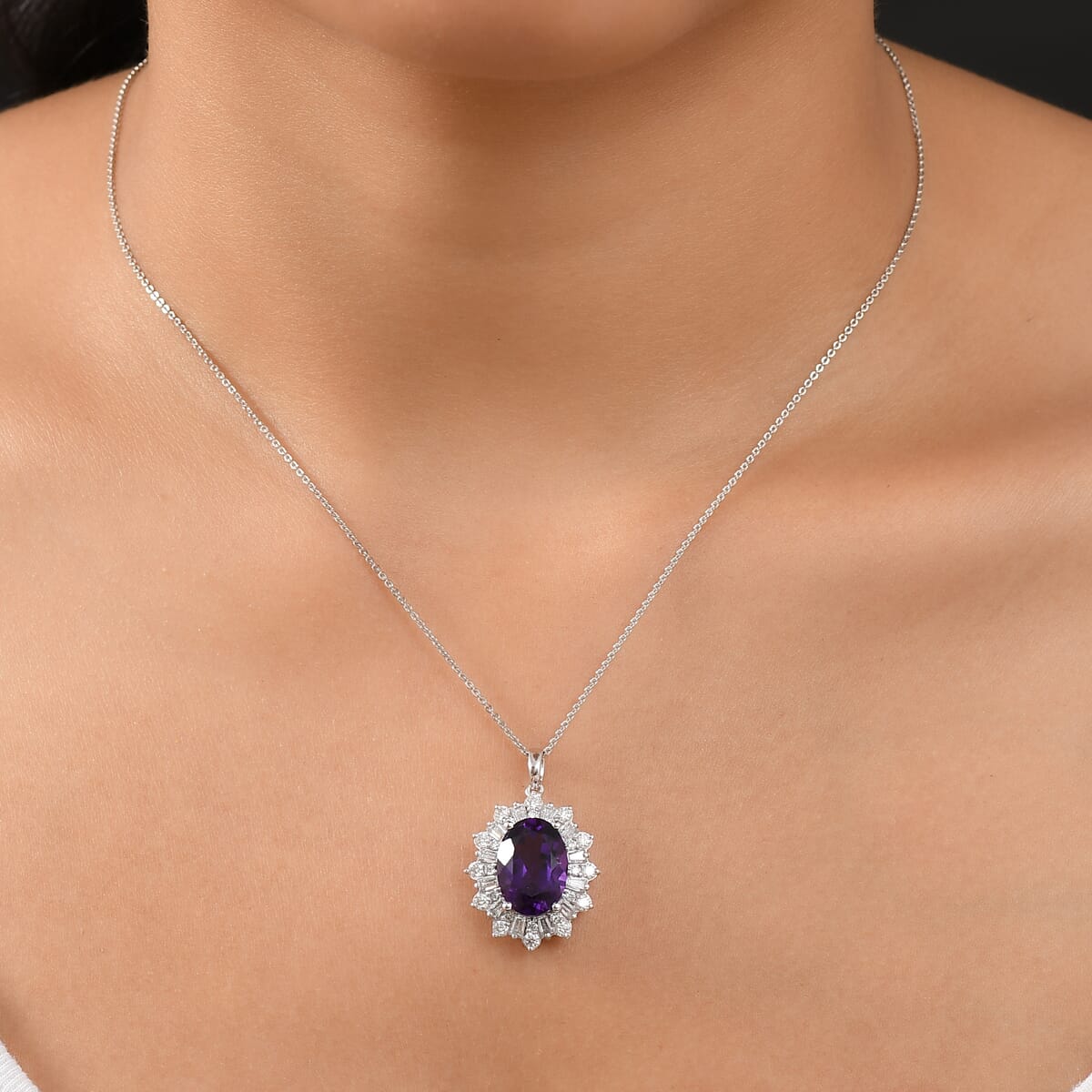 D’Joy Lusaka Amethyst and Moissanite 7.50 ctw Pendant Necklace 20 Inches in Rhodium Over Sterling Silver image number 2