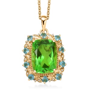 Ever True Chartreuse Quartz (Triplet) and Multi Gemstone 12.50 ctw Rainforest Radiance Pendant in 18K YG Plated with Stainless Steel Necklace 20 Inches