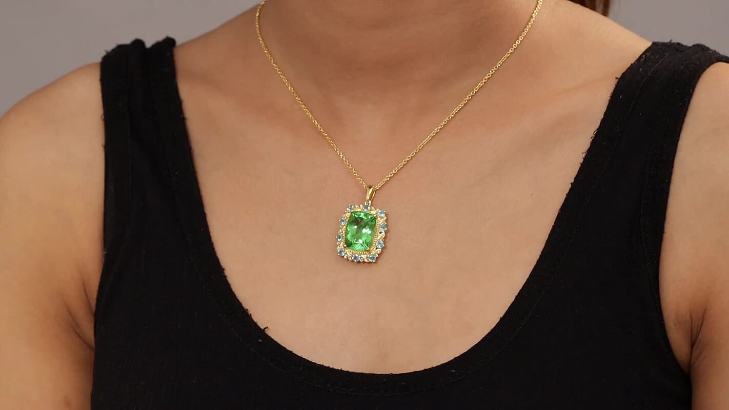 EverTrue Chartreuse Quartz (Triplet) and Multi Gemstone 12.50 ctw Rainforest Radiance Pendant in 18K YG Plated with Stainless Steel Necklace 20 Inches