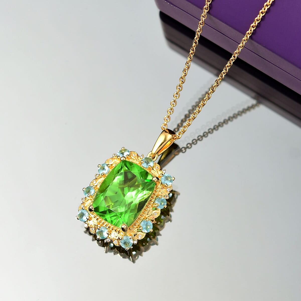 Ever True Chartreuse Quartz (Triplet) and Multi Gemstone 12.50 ctw Rainforest Radiance Pendant in 18K YG Plated with Stainless Steel Necklace 20 Inches image number 1
