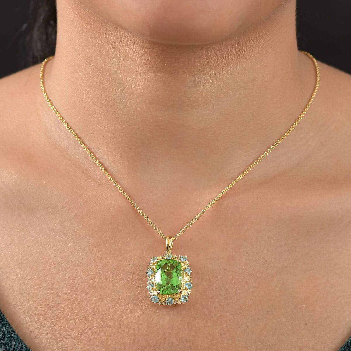 Ever True Chartreuse Quartz (Triplet) and Multi Gemstone 12.50 ctw Rainforest Radiance Pendant in 18K YG Plated with Stainless Steel Necklace 20 Inches image number 2