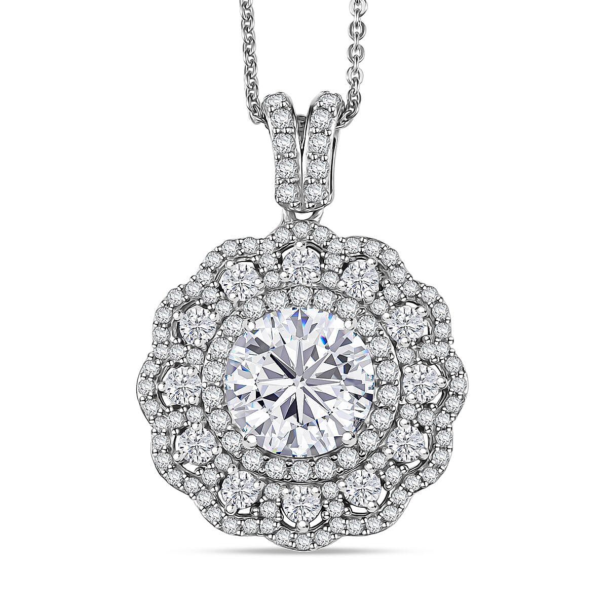 Doorbuster D'Joy Moissanite 4.00 ctw Floral Halo Pendant Necklace in Rhodium Over Sterling Silver 20 Inches image number 0