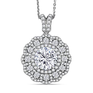 Doorbuster D'Joy Moissanite 4.00 ctw Floral Halo Pendant Necklace in Rhodium Over Sterling Silver 20 Inches