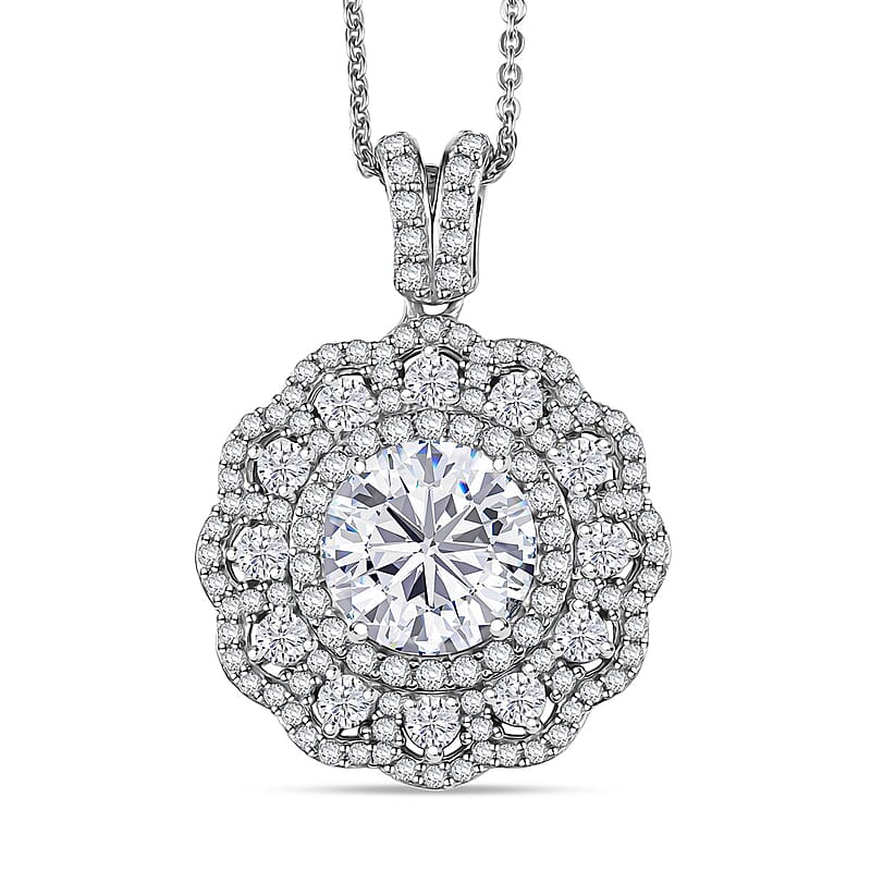  D'Joy Moissanite 4.00 ctw Floral Halo Pendant Necklace in Rhodium Over Sterling Silver 20 Inches