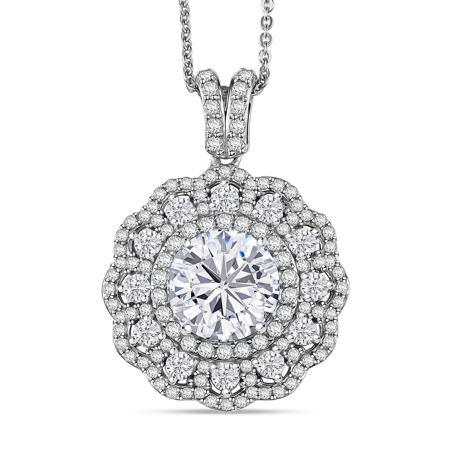 D'Joy Moissanite 4.00 ctw Floral Halo Pendant Necklace in Rhodium Over Sterling Silver 20 Inches