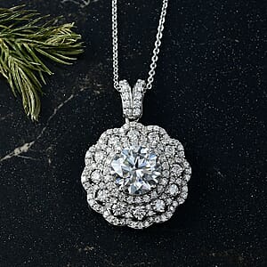 Doorbuster D'Joy Moissanite 4.00 ctw Floral Halo Pendant Necklace in Rhodium Over Sterling Silver 20 Inches