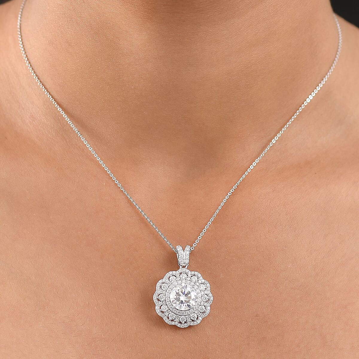 Doorbuster D'Joy Moissanite 4.00 ctw Floral Halo Pendant Necklace in Rhodium Over Sterling Silver 20 Inches image number 2