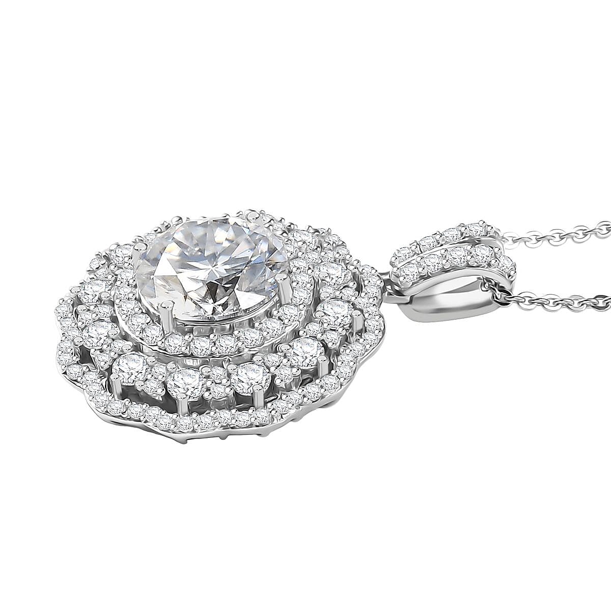 Doorbuster D'Joy Moissanite 4.00 ctw Floral Halo Pendant Necklace in Rhodium Over Sterling Silver 20 Inches image number 3