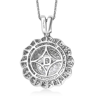  D'Joy Moissanite 4.00 ctw Floral Halo Pendant Necklace in Rhodium Over Sterling Silver 20 Inches