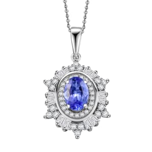 D'Joy Tanzanite and Moissanite 1.40 ctw Celestial Halo Pendant Necklace 20 Inches in Rhodium Over Sterling Silver