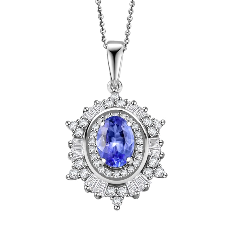 D'Joy Tanzanite and Moissanite 1.40 ctw Celestial Halo Pendant Necklace 20 Inches in Rhodium Over Sterling Silver