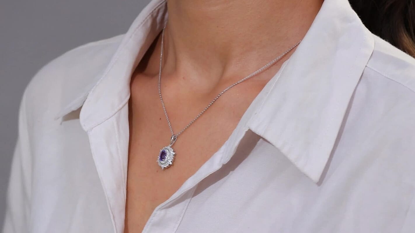 D'Joy Tanzanite and Moissanite 1.40 ctw Celestial Halo Pendant Necklace 20 Inches in Rhodium Over Sterling Silver