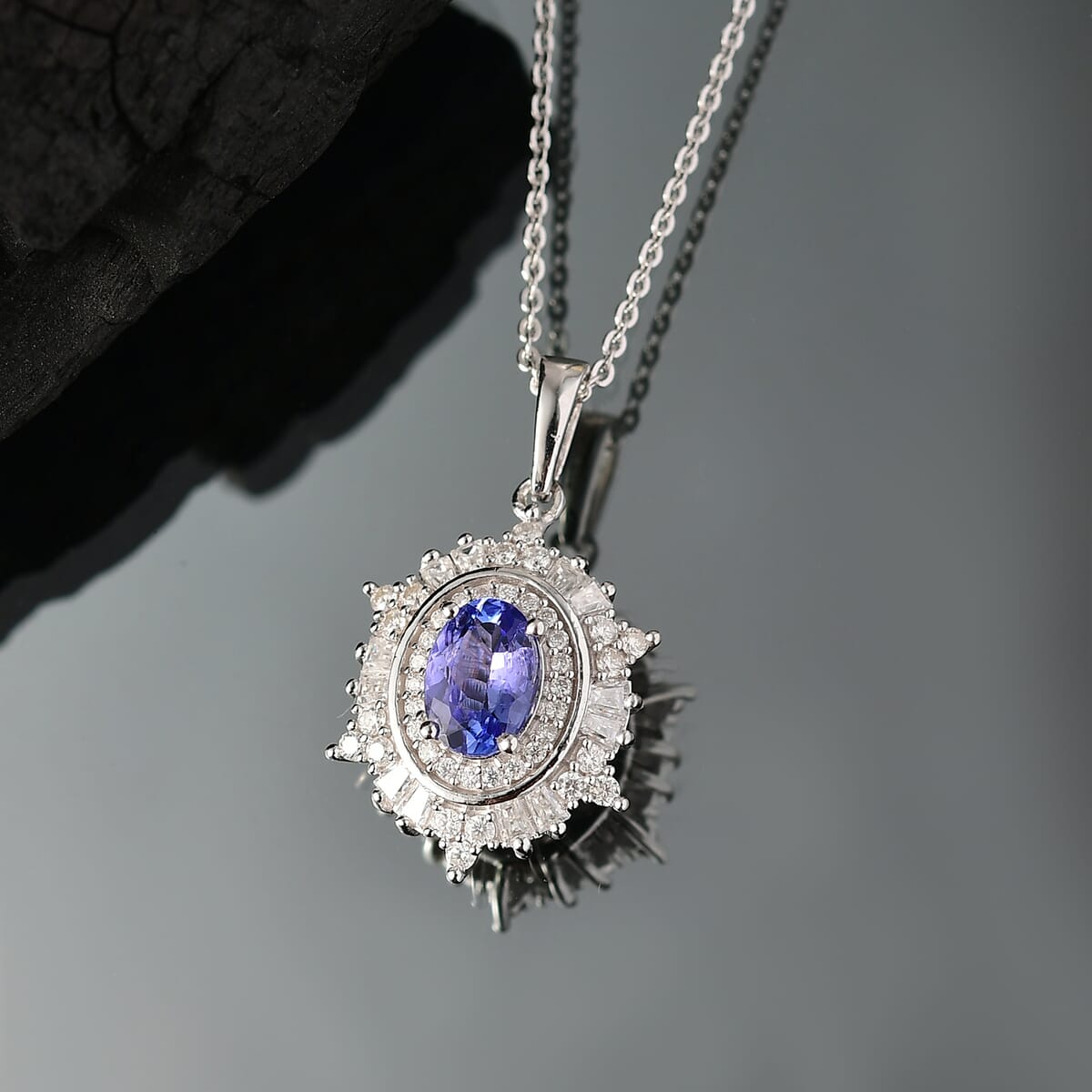 D'Joy Tanzanite and Moissanite 1.40 ctw Celestial Halo Pendant Necklace 20 Inches in Rhodium Over Sterling Silver image number 1