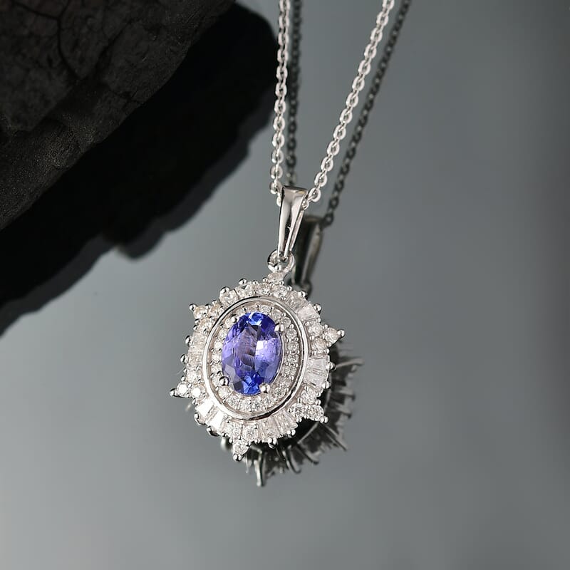 D'Joy Tanzanite and Moissanite 1.40 ctw Celestial Halo Pendant Necklace 20 Inches in Rhodium Over Sterling Silver