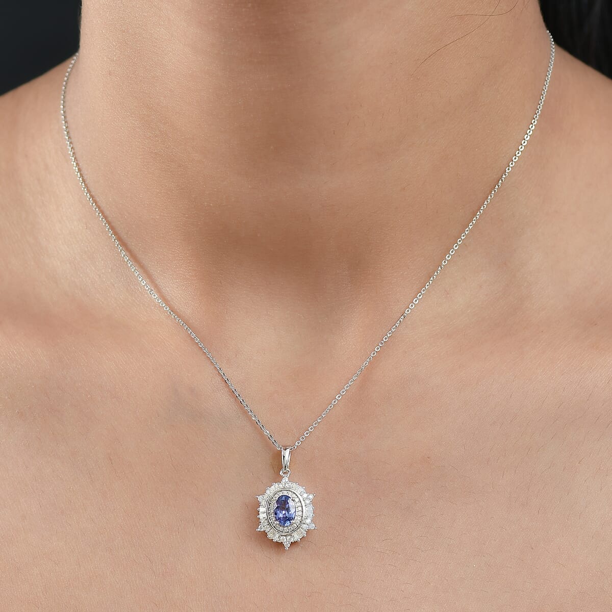 D'Joy Tanzanite and Moissanite 1.40 ctw Celestial Halo Pendant Necklace 20 Inches in Rhodium Over Sterling Silver image number 2