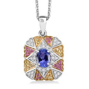 D'Joy Tanzanite and White Zircon 1.40 ctw Bloom Pendant Necklace in 18K Vermeil YRG and Rhodium Over Sterling Silver 20 Inches