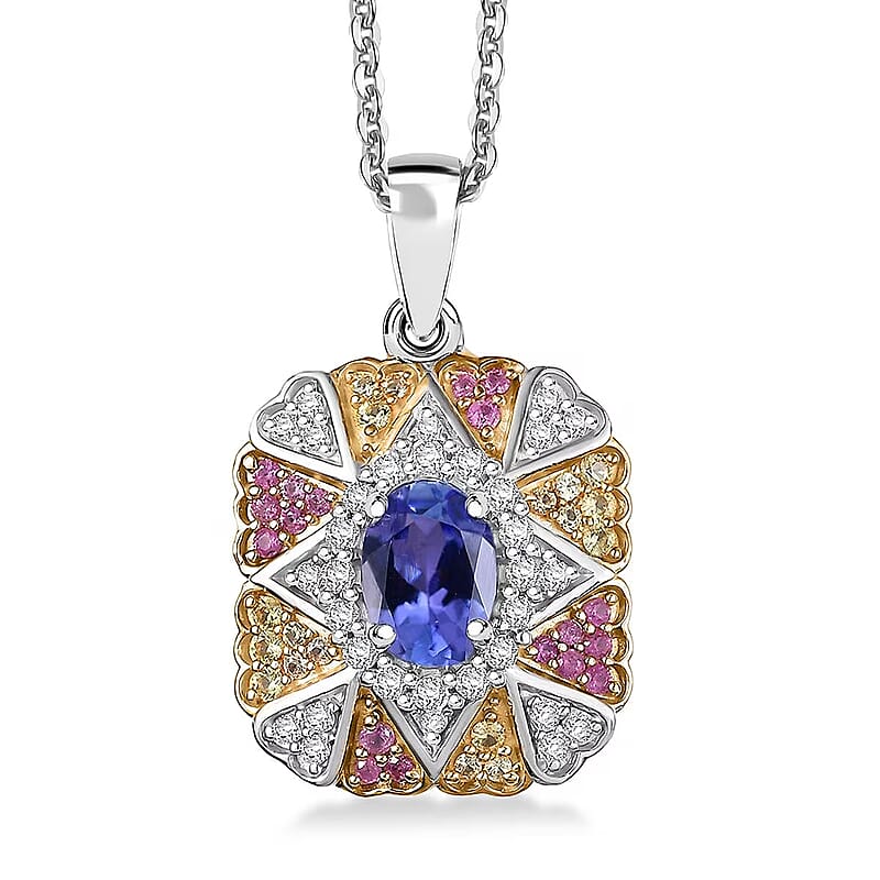 D'Joy Tanzanite and White Zircon 1.40 ctw Bloom Pendant Necklace in 18K Vermeil YRG and Rhodium Over Sterling Silver 20 Inches
