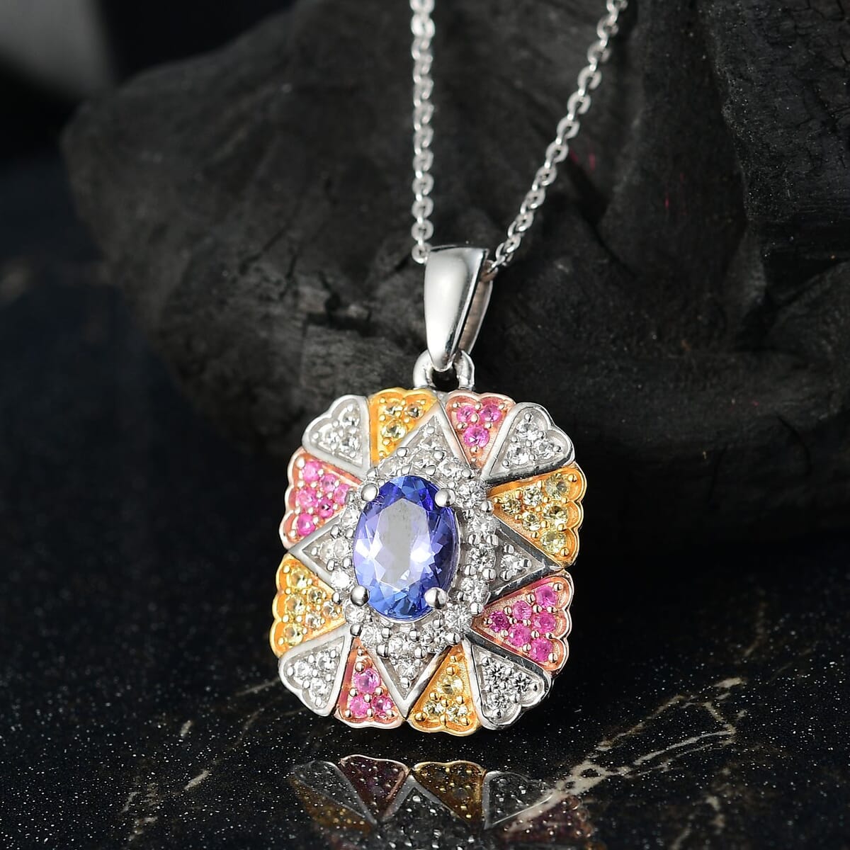 D'Joy Tanzanite and White Zircon 1.40 ctw Bloom Pendant Necklace in 18K Vermeil YRG and Rhodium Over Sterling Silver 20 Inches image number 1