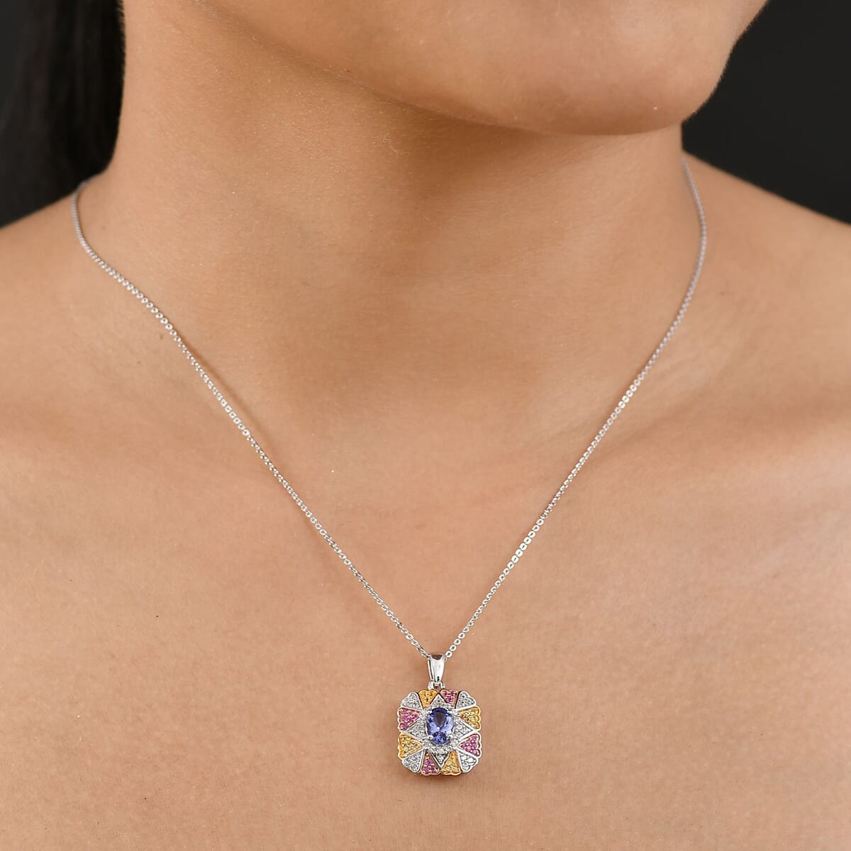 D'Joy Tanzanite and White Zircon 1.40 ctw Bloom Pendant Necklace in 18K Vermeil YRG and Rhodium Over Sterling Silver 20 Inches image number 2