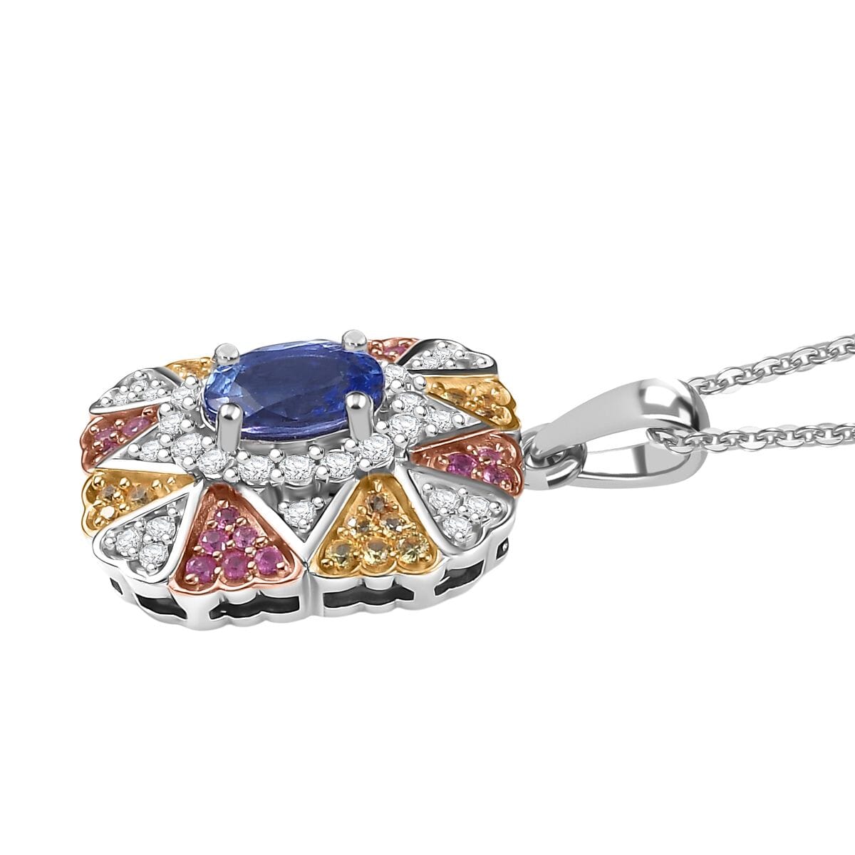 D'Joy Tanzanite and White Zircon 1.40 ctw Bloom Pendant Necklace in 18K Vermeil YRG and Rhodium Over Sterling Silver 20 Inches image number 3