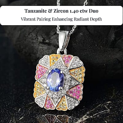 D'Joy Tanzanite and White Zircon 1.40 ctw Bloom Pendant Necklace in 18K Vermeil YRG and Rhodium Over Sterling Silver 20 Inches