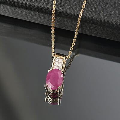D'Joy Premium Royal Ruby and Diamond 2.00 ctw Art Deco Pendant Necklace in 18K Vermeil Yellow Gold Over Sterling Silver 20 Inches