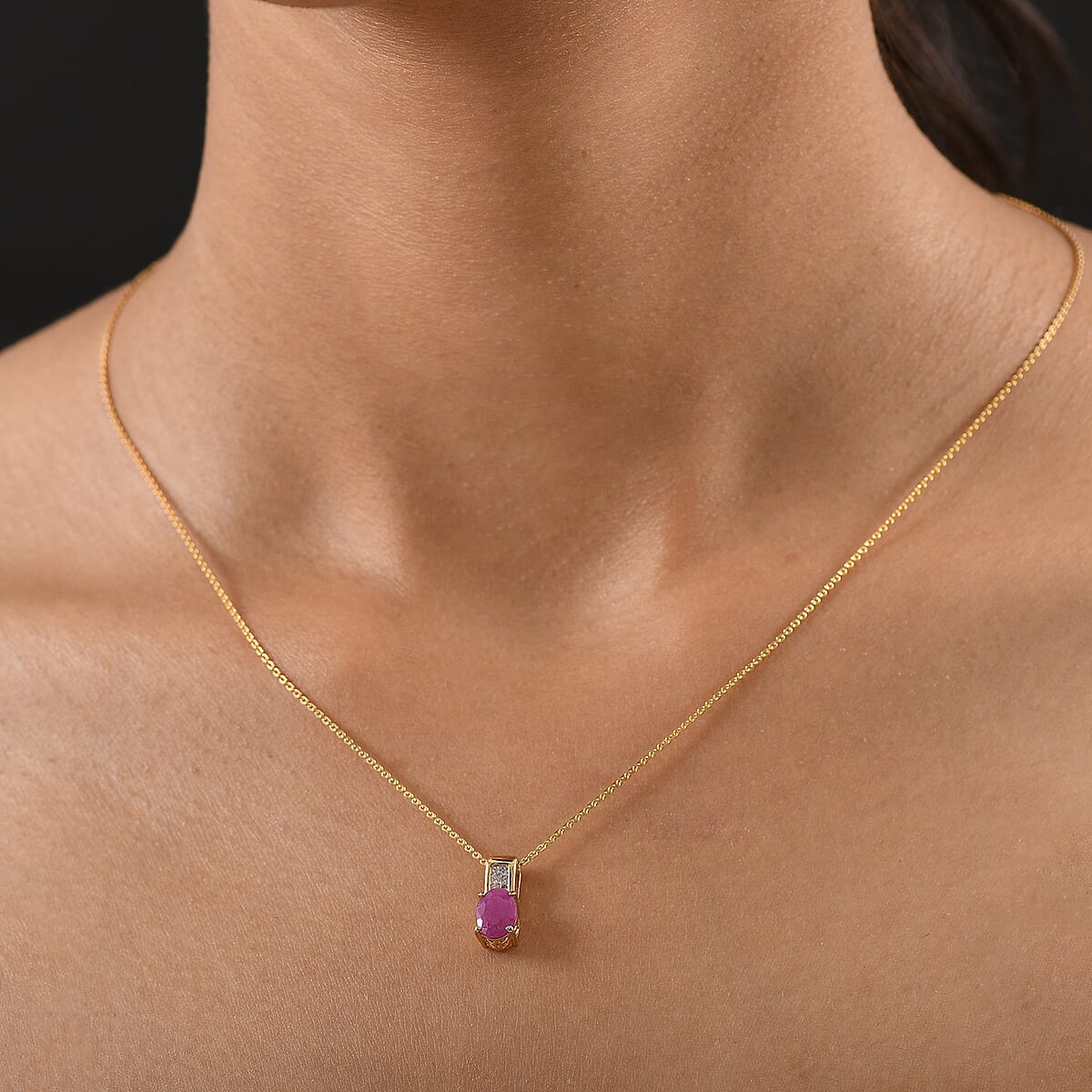 D'Joy Premium Royal Ruby and Diamond 2.00 ctw Pendant Necklace in 18K Vermeil Yellow Gold Over Sterling Silver 20 Inches image number 2