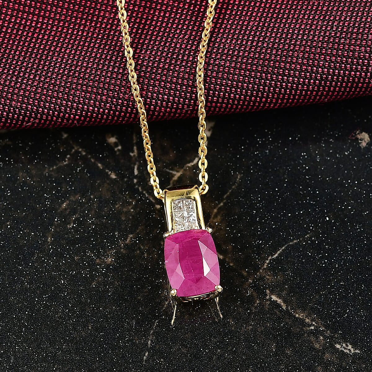 D'Joy Premium Royal Ruby and Diamond 2.10 ctw Art Deco Pendant Necklace in 18K Vermeil Yellow Gold Over Sterling Silver 20 Inches image number 1