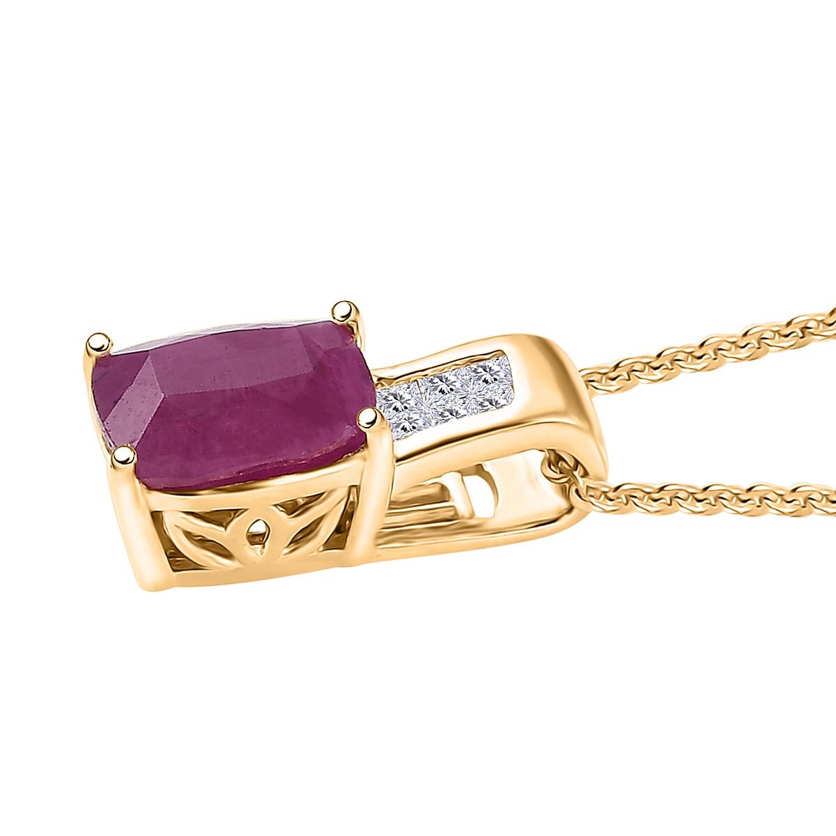 D'Joy Premium Royal Ruby and Diamond 2.10 ctw Art Deco Pendant Necklace in 18K Vermeil Yellow Gold Over Sterling Silver 20 Inches image number 3