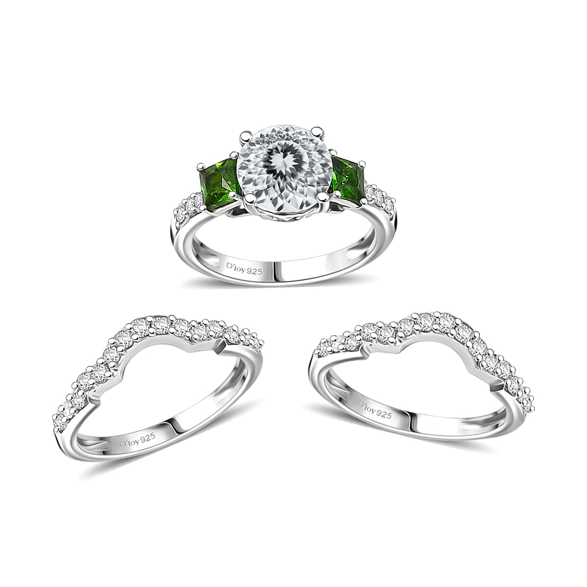D'Joy 120 Facet Moissanite and Chrome Diopside 4.10 ctw Stackable Ring in Rhodium Over Sterling Silver (Size 6.0) image number 0