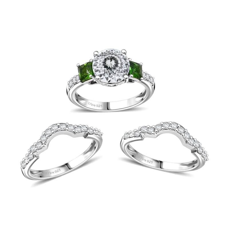 Set of 3 D'Joy 120 Facet Moissanite and Chrome Diopside 4.10 ctw Stackable Ring in Rhodium Over Sterling Silver (Size 5.0)
