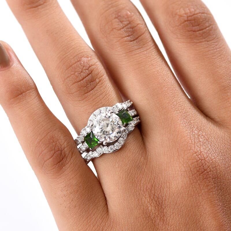 Set of 3 D'Joy 120 Facet Moissanite and Chrome Diopside 4.10 ctw Stackable Ring in Rhodium Over Sterling Silver (Size 5.0)