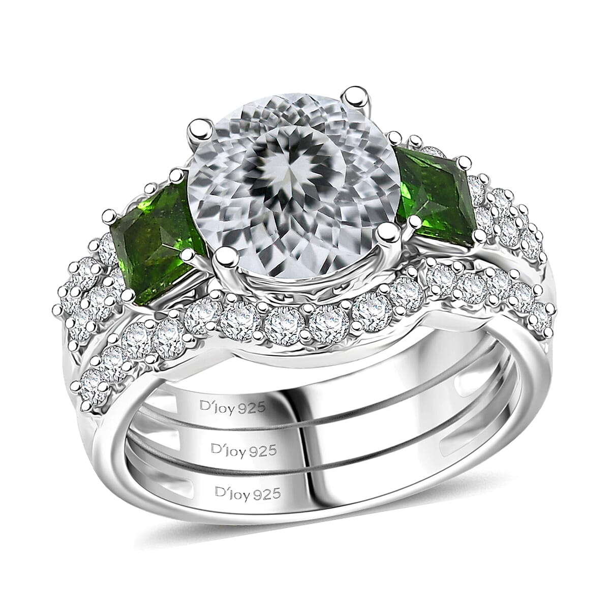 Set of 3 D'Joy 120 Facet Moissanite and Chrome Diopside 4.10 ctw Stackable Ring in Rhodium Over Sterling Silver (Size 7.0) image number 3