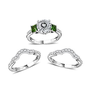Set of 3 D'Joy 120 Facet Moissanite and Chrome Diopside 4.10 ctw Stackable Ring in Rhodium Over Sterling Silver (Size 9.0)