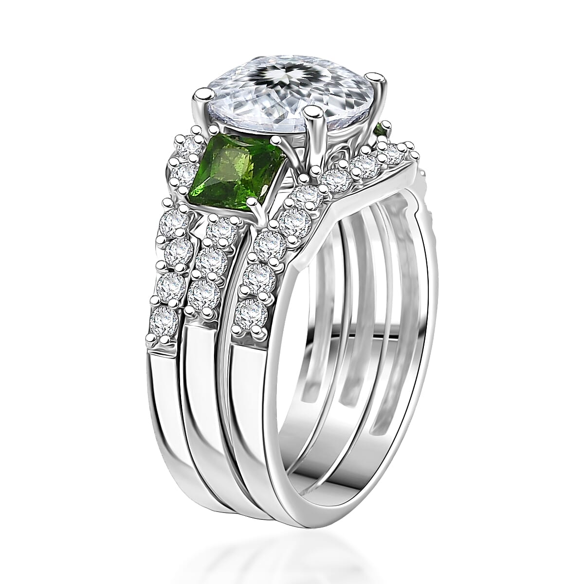 Set of 3 D'Joy 120 Facet Moissanite and Chrome Diopside 4.10 ctw Stackable Ring in Rhodium Over Sterling Silver (Size 9.0) image number 4
