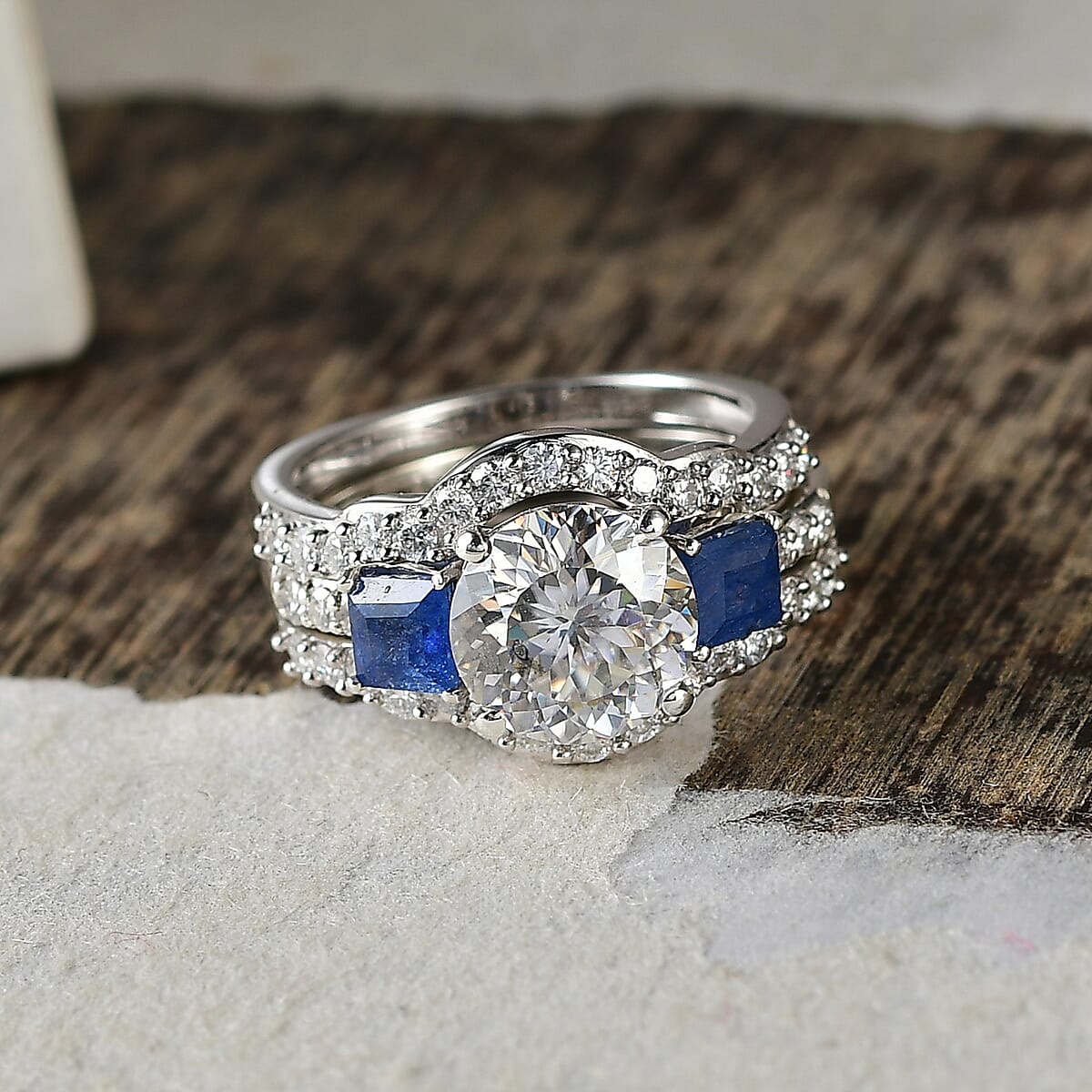 Set of 3 D'Joy 120 Facet Moissanite and Masoala Sapphire (D) 4.45 ctw Stackable Ring in Rhodium Over Sterling Silver (Size 6) image number 1