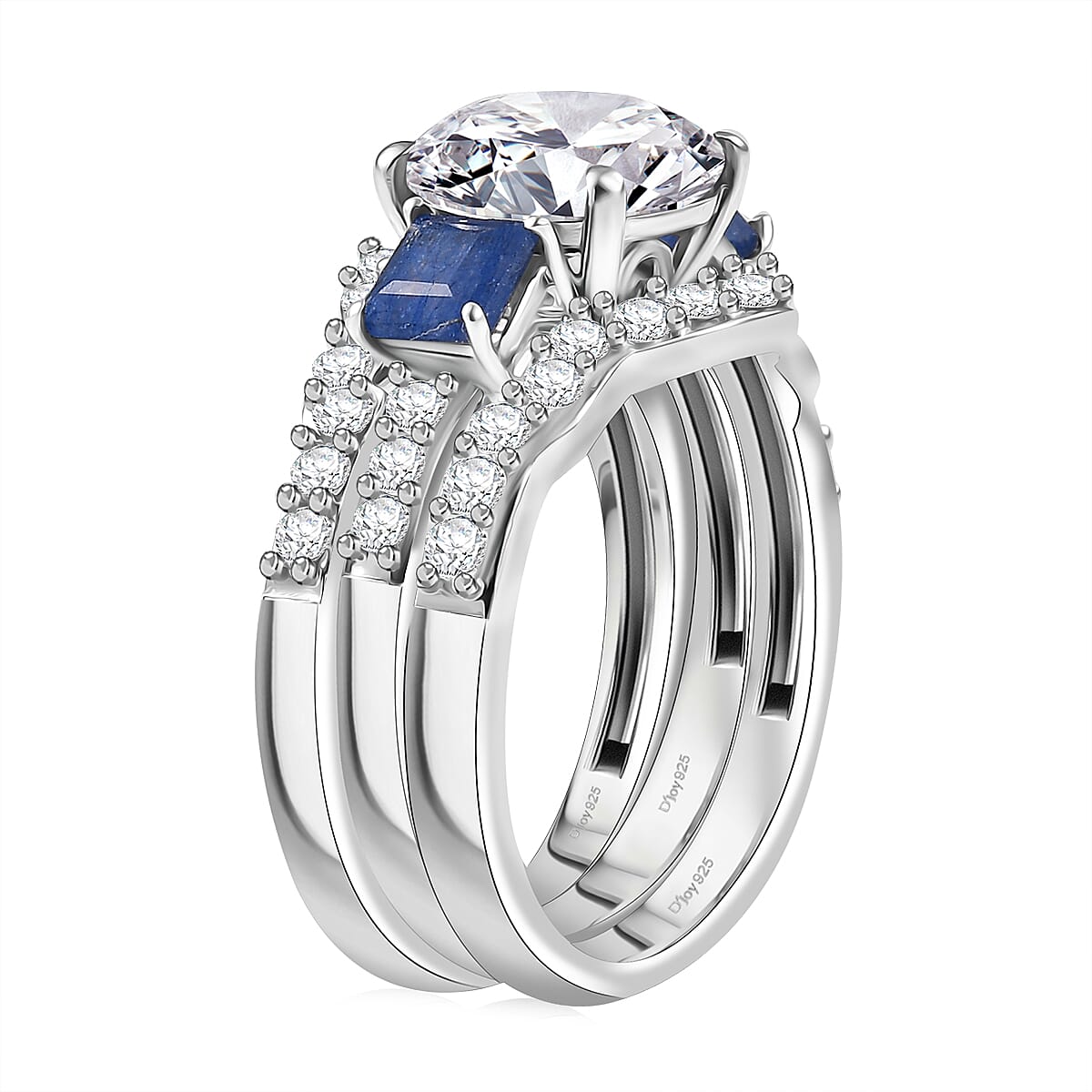 Set of 3 D'Joy 120 Facet Moissanite and Masoala Sapphire (D) 4.45 ctw Stackable Ring in Rhodium Over Sterling Silver (Size 6) image number 4