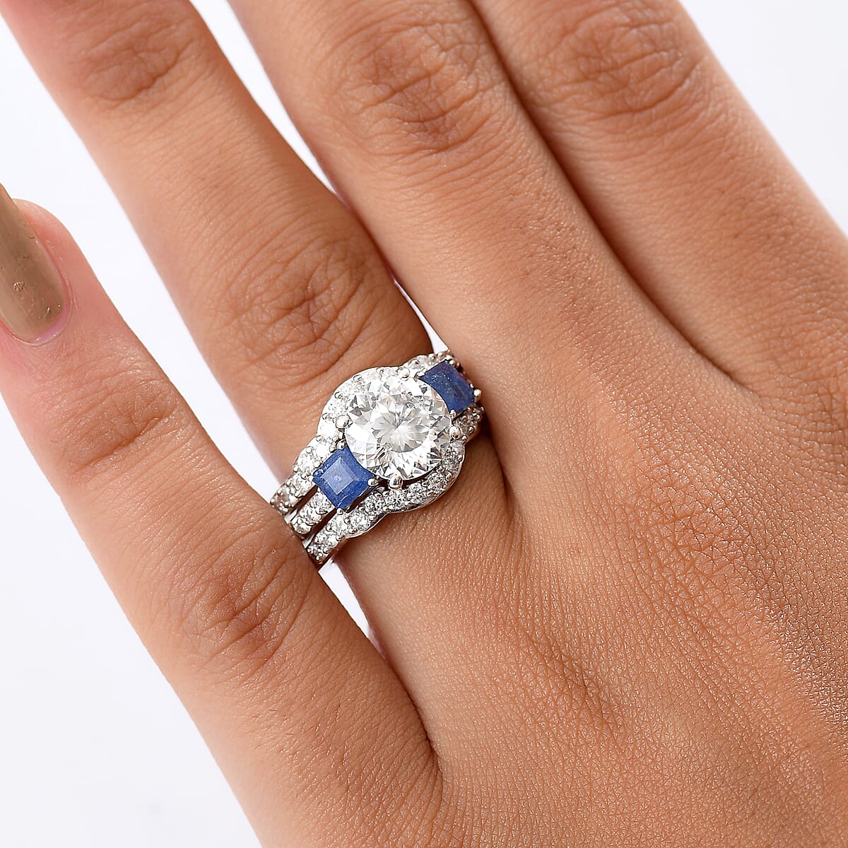 Set of 3 D'Joy 120 Facet Moissanite and Masoala Sapphire (D) 4.45 ctw Stackable Ring in Rhodium Over Sterling Silver (Size 7) image number 2