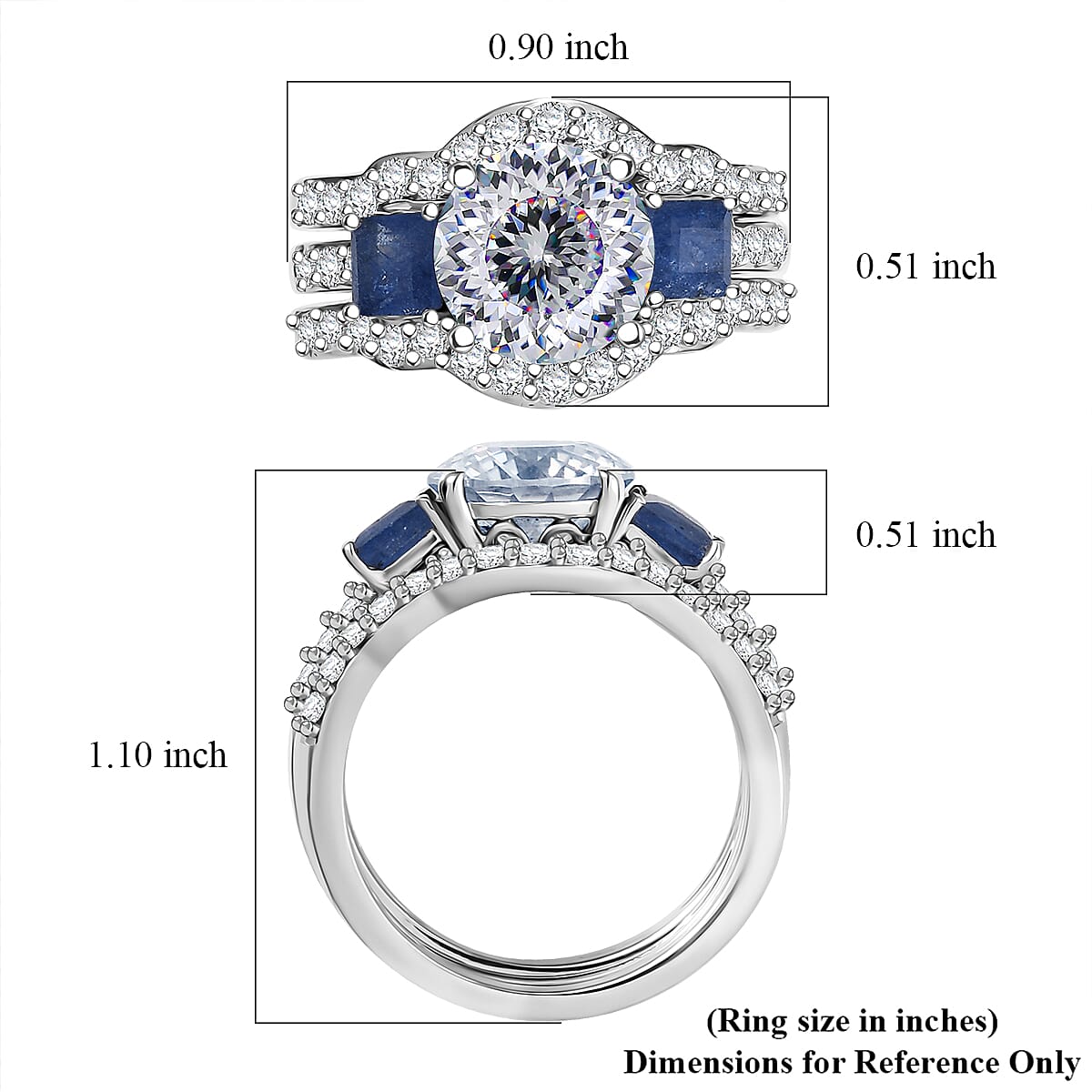Set of 3 D'Joy 120 Facet Moissanite and Masoala Sapphire (D) 4.45 ctw Stackable Ring in Rhodium Over Sterling Silver (Size 7) image number 6