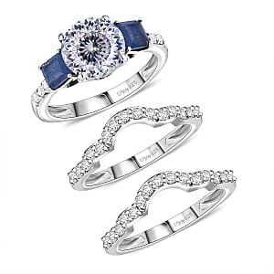 Set of 3 D'Joy 120 Facet Moissanite and Masoala Sapphire (D) 4.45 ctw Stackable Ring in Rhodium Over Sterling Silver (Size 9)