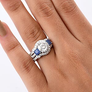 Set of 3 D'Joy 120 Facet Moissanite and Masoala Sapphire (D) 4.45 ctw Stackable Ring in Rhodium Over Sterling Silver (Size 9)