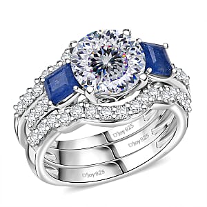 Set of 3 D'Joy 120 Facet Moissanite and Masoala Sapphire (D) 4.45 ctw Stackable Ring in Rhodium Over Sterling Silver (Size 9)