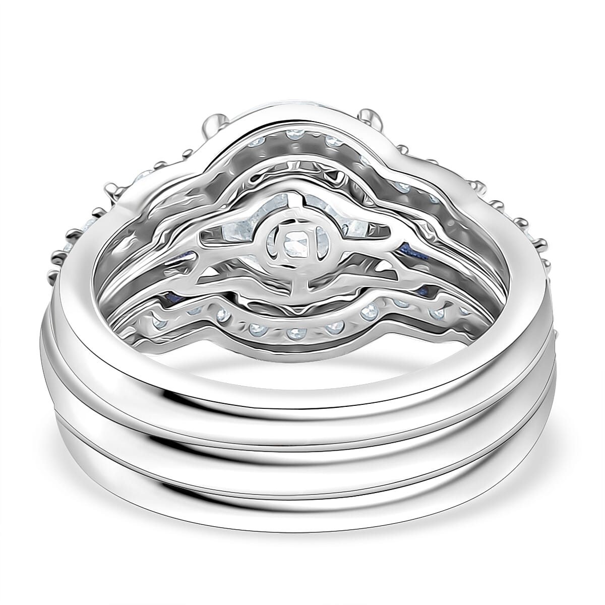 Set of 3 D'Joy 120 Facet Moissanite and Masoala Sapphire (D) 4.45 ctw Stackable Ring in Rhodium Over Sterling Silver (Size 9) image number 5