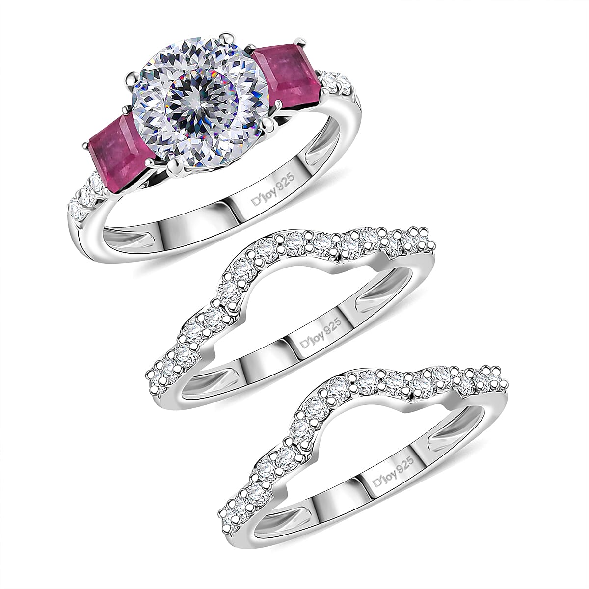 Set of 3 D'Joy 120 Facet Moissanite and Niassa Ruby (FF) 4.40 ctw Stackable Ring in Rhodium Over Sterling Silver (Size 5)  image number 0