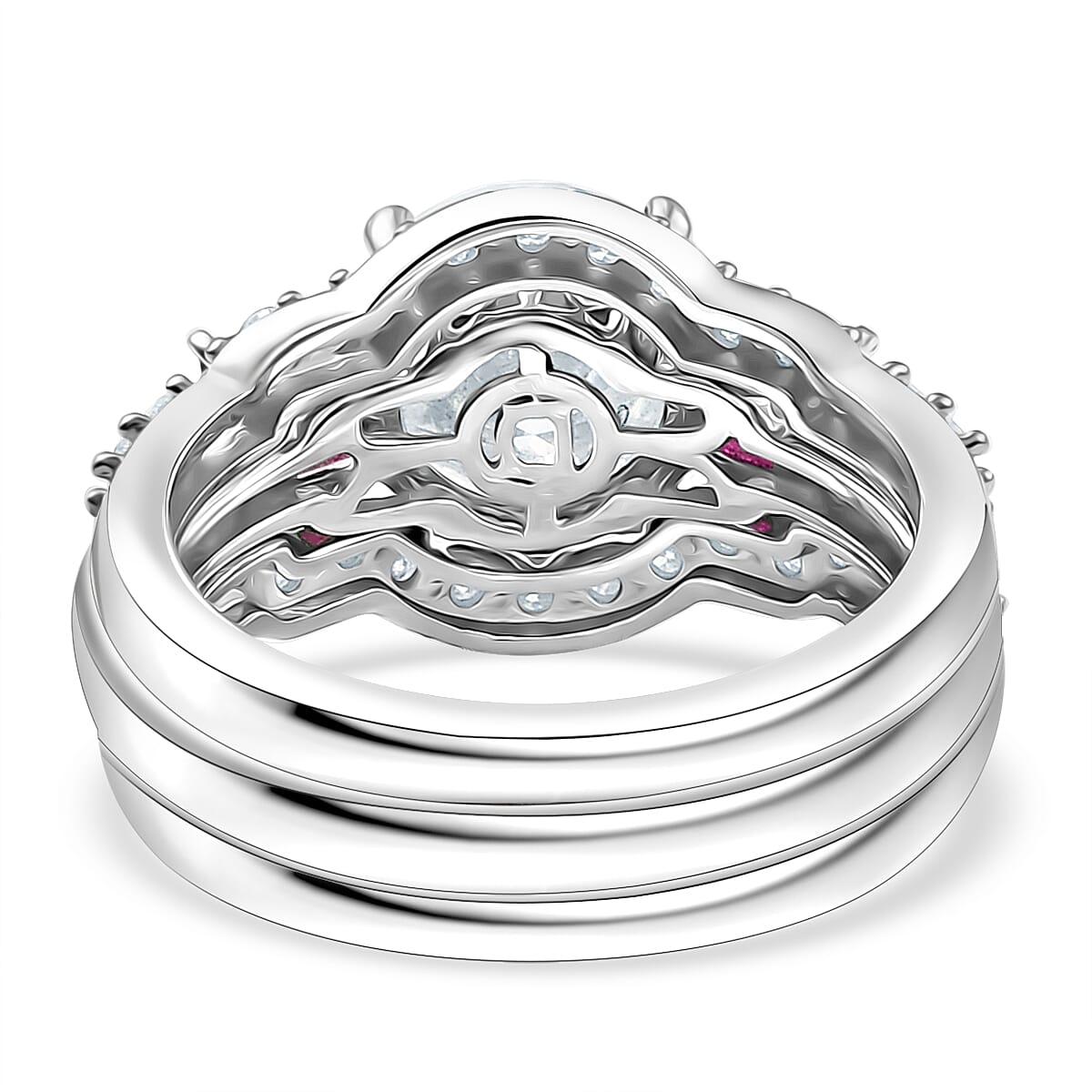 Set of 3 D'Joy 120 Facet Moissanite and Niassa Ruby (FF) 4.40 ctw Stackable Ring in Rhodium Over Sterling Silver (Size 5)  image number 5