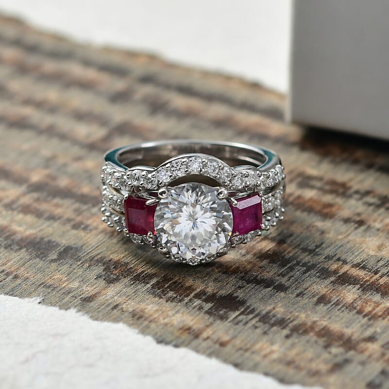 Set of 3 D'Joy 120 Facet Moissanite and Niassa Ruby (FF) 4.40 ctw Stackable Ring in Rhodium Over Sterling Silver (Size 8) 